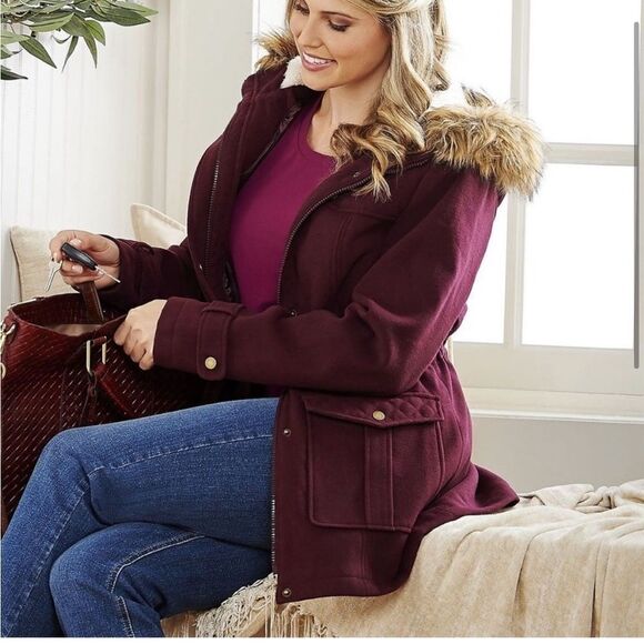 Denim & Co Anorak Jacket Sherpa Lined Hood Women in Deep Burgundy | size XS - Picture 2 of 11
